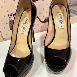 Jimmy Choo Leather Glossy Black Peep Toe Pumps